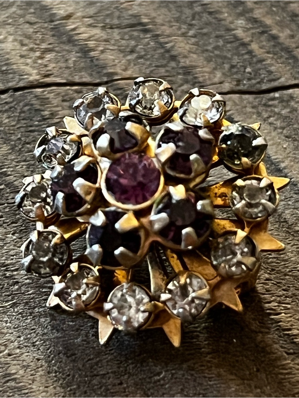 Vtg Tiny Button Brooch Gold-Tone Purple and Clear Crystal